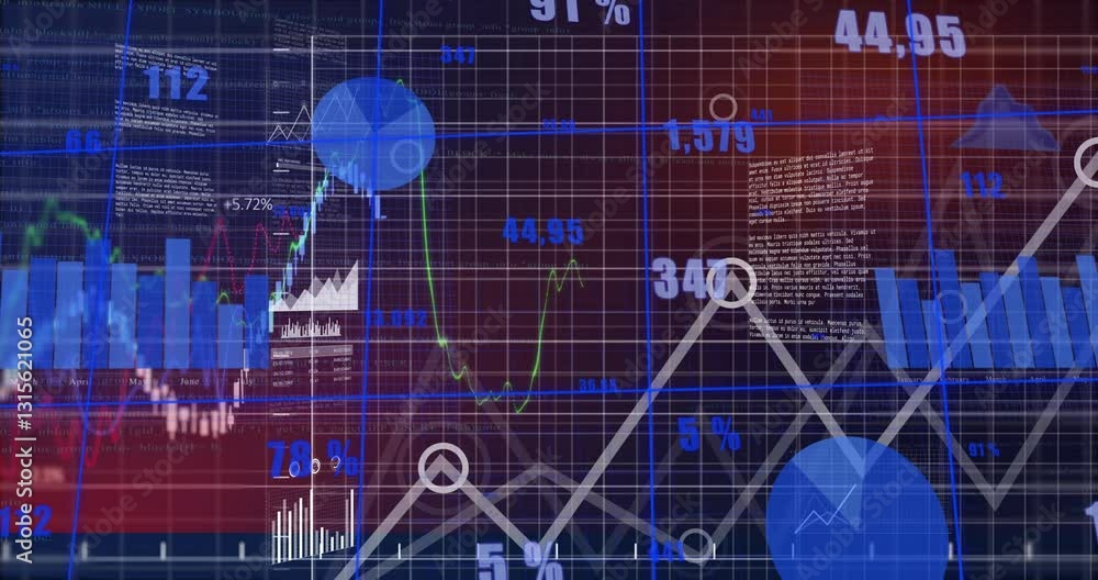 Poster Animation of financial data with graphs and charts on digital grid background