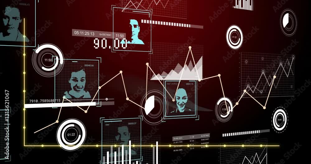 Poster animation of digital interface showing data analytics and facial recognition technology