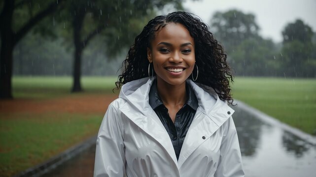 Good-looking african woman in white raincoat on a rainy park background smiling for ad concept space for text