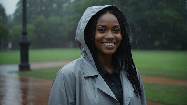 Good-looking african woman in gray raincoat on a rainy park background smiling for ad concept space for text