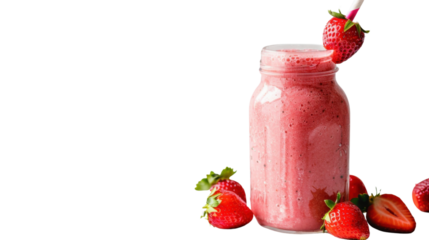 Strawberry smoothie in a mason jar with fresh strawberries and transparent background