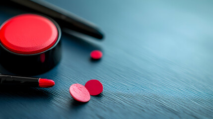 Makeup kit with red lipstick and applicators on blue surface