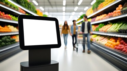Obraz premium Blank vertical digital advertising screen in the center of a brightly lit supermarket produce aisle, with blurred shoppers in the background, ideal for retail, marketing, and commercial design use.