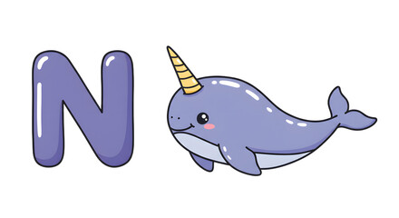 Obraz premium Cartoon Narwhal 'N' Alphabet Illustration