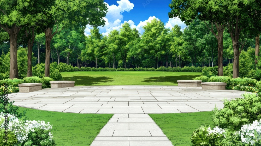 Poster empty park patio with trees and grass on a sunny day for background or conceptual use