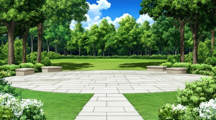Fototapeta premium Empty park patio with trees and grass on a sunny day for background or conceptual use