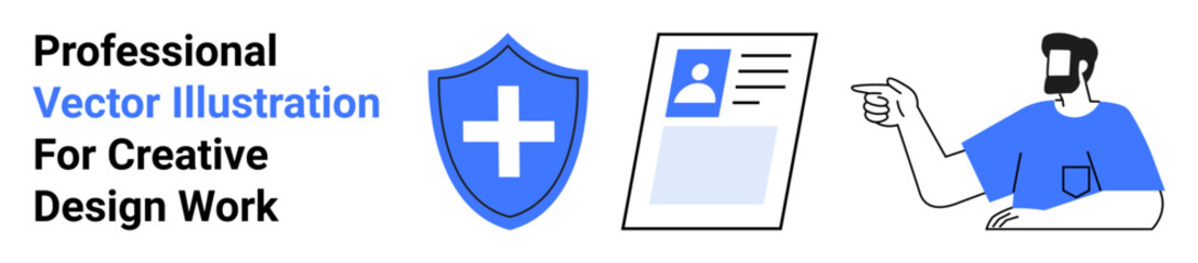 Obraz premium Blue shield with cross, ID card, and man gesturing towards elements. Ideal for healthcare, identity, security, guidance, professionalism, communication and creative flat landing page banner