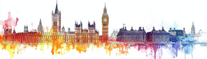 Obraz premium Vibrant watercolor skyline of London showcasing iconic landmarks in a colorful artistic style, perfect for modern decor. 