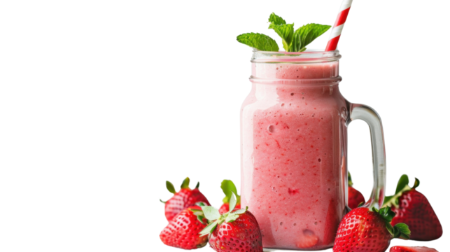 Refreshing strawberry smoothie decorated with mint in a mason jar glass on transparent background