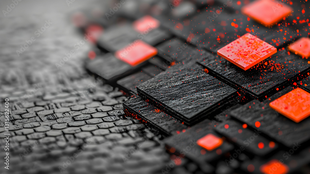 Poster abstract image of layered textured squares and red accents