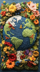 フェルトと糸で表現された地球｜手作りの温もりを感じるエコアート。スマートフォン9:16のアスペクト比	
