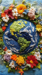 刺繍で描かれた地球と自然｜カラフルな花と鳥が彩るアート作品。スマートフォン9:16のアスペクト比	
