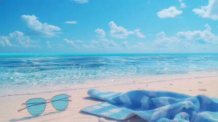 Stylish sunglasses on sandy beach towel with stunning crystal clear ocean view, summer accessory