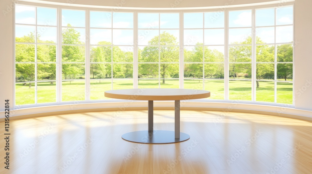 Poster empty round table, idyllic green park outside bow window. mock-up space for product display
