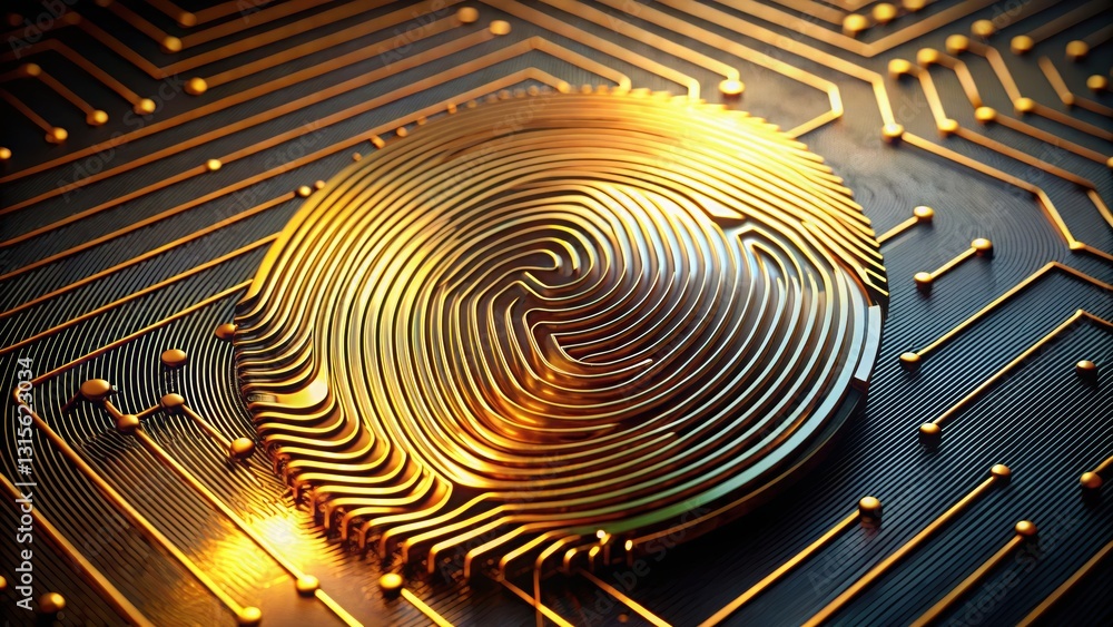 Poster intricate golden fingerprint embedded on a circuit board representing technology and identity