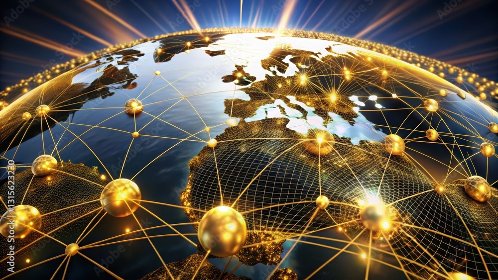 Poster intricate globe surrounded by a network of golden spheres representing global connectivity and wealt