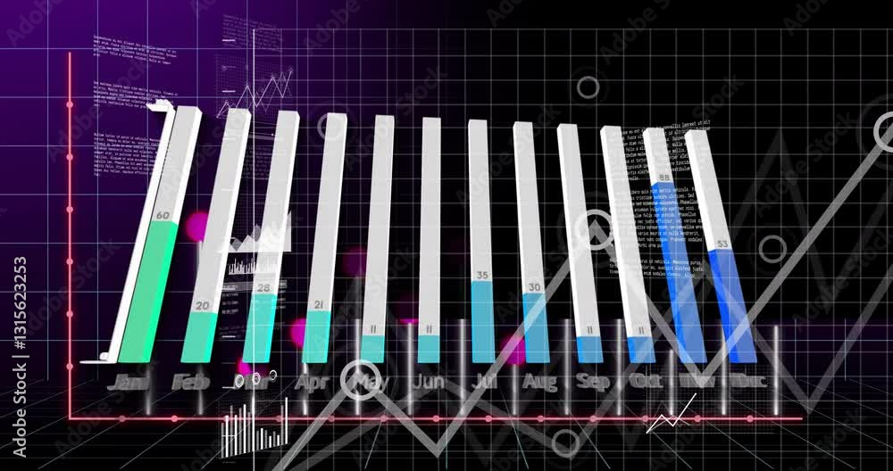 Poster 3d bar graph animation showing monthly data trends on dark background