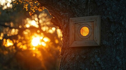 A wooden target attached to a tree is lit by warm golden light during sunset.