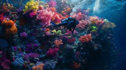 Diver exploring vibrant coral reef teeming with colorful marine life, underwater scenery.