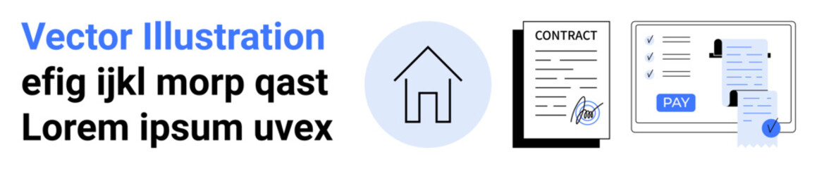 House icon, contracts with signatures, and payment receipt. Ideal for real estate, mortgages, rental agreements, financial documents, legal processes, payment systems abstract line flat metaphor