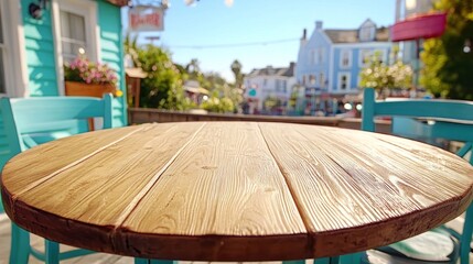 Fototapeta premium Empty wooden table at an outdoor cafe, vibrant city backdrop. Promotion of food, drinks, space