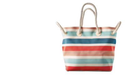 Striped beach bag with rope handles on transparent background