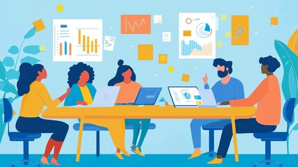 Diverse team collaborates on project, using laptops and data charts.