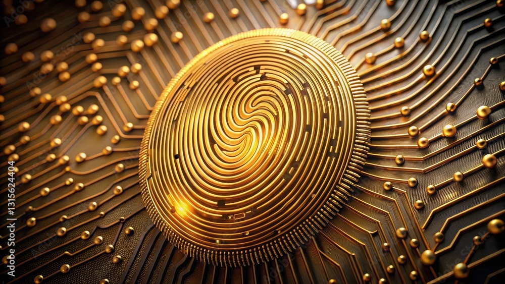 Poster a massive golden fingerprint embedded in a circuit board symbolizing unique identity in digital age