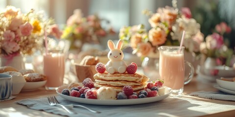 Fototapeta premium Easter bunny sitting on pancakes for a festive breakfast