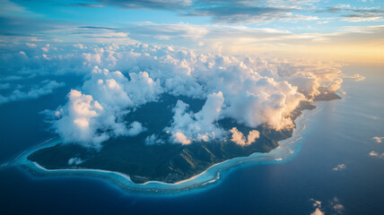 Naklejka premium A group of islands in the middle of the sea, with lush green mountains and blue water, surrounded by white clouds.
