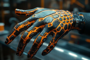 Cybernetic Hand: Intricate Detail of an Orange and Carbon Fiber Robotic Arm, Evoking Futuristic Technology and Advanced Engineering with a Sleek Design.