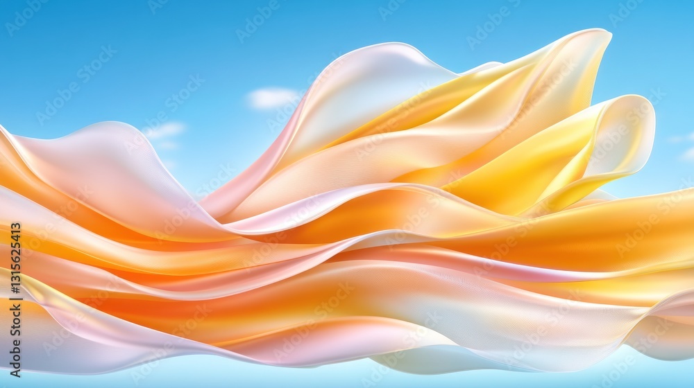 Poster fabric flows in the wind. swirling abstract material against blue sky with clouds. use for backgroun