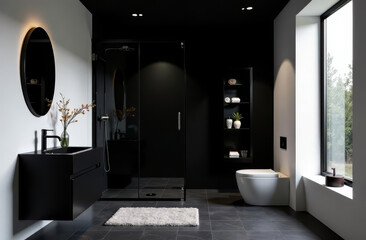 modern minimalistic interior Dark bathroom with a black glass shell, creating a stylish contrast with white walls
