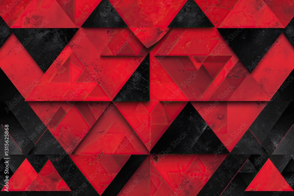 Poster elegant abstract red background with black grunge borders and geometric triangle pattern design