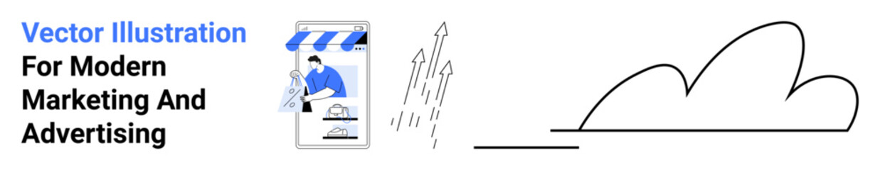 Smartphone store storefront, rising arrows suggesting growth, and abstract cloud. Ideal for marketing, advertising, e-commerce, strategy, analytics, innovation flat landing page banner