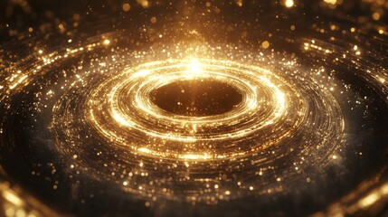 multiple concentric rings of golden light forming saint's halo, baroque ornamental details, floating in dramatic dark void, photorealistic metal textures, lens flare effects, dust particles in light