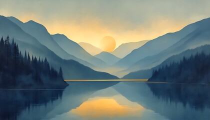 Fototapeta premium The serene mountain landscape reflected in the still water at dusk