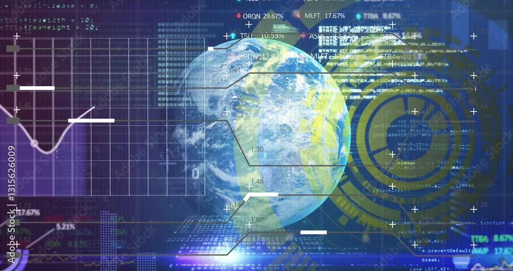 Poster animation of earth with digital data and graphs, showing global technology analysis