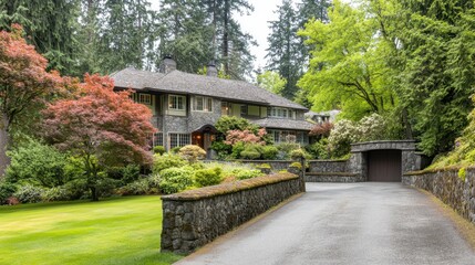 Elegant two-story mansion with a grand entrance, symmetrical design, and a beautifully landscaped driveway
