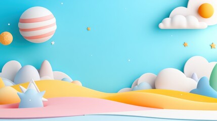 Fantasy land cartoon landscape. Cute sky background with clouds, planet & stars use for children book
