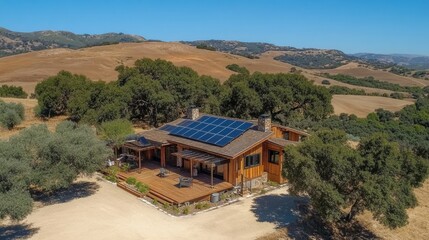 Energy-efficient minimalist house with solar panels, rainwater collection, and green technology integration