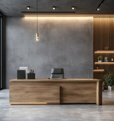Modern Executive Office with Concrete Walls and Wooden Desk and empty wall mockup