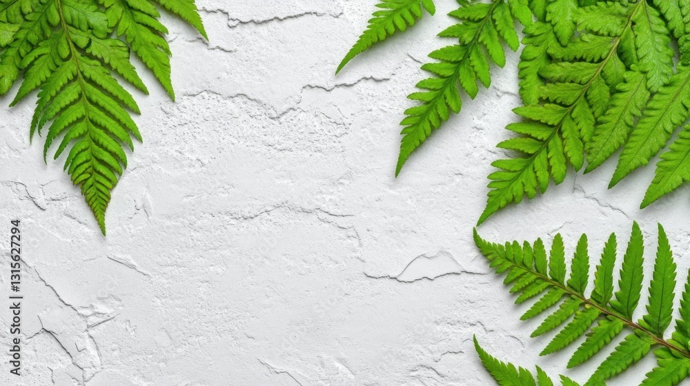 Poster ferns on textured wall create natural background for product display