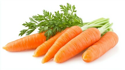 Fresh, orange carrots with green tops, isolated on white background.