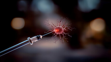 A red neuron is being injected by a needle