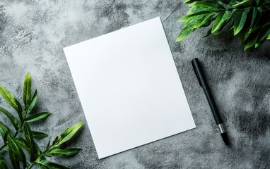 Blank Paper with Green Leaves and Pen on Concrete Desk paper mockup