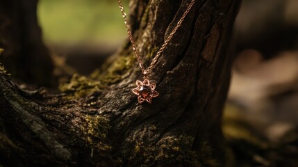 Fototapeta premium Elegant Rose Gold Star Necklace Displayed on Rustic Tree Bark