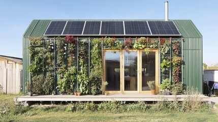 Green suburban house with vertical gardens, rainwater harvesting, and solar-powered lighting