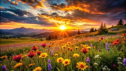 Obraz premium Sunset Meadow Grass Flowers Landscape Photography, Golden Hour Wildflower Field, Vibrant Sky Dusk Scenery