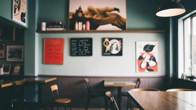 Cozy Cafe Interior with Artistic Wall Decor and Wooden Tables
